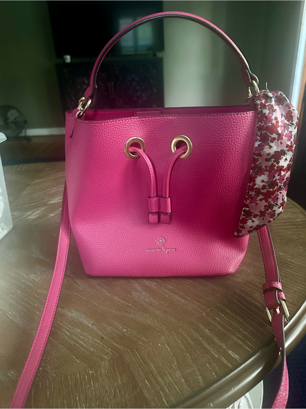 Nanette Lepore Hot Pink Pebbled Vegan Leather Bucket Bag with Scarf - Picture 3 of 5